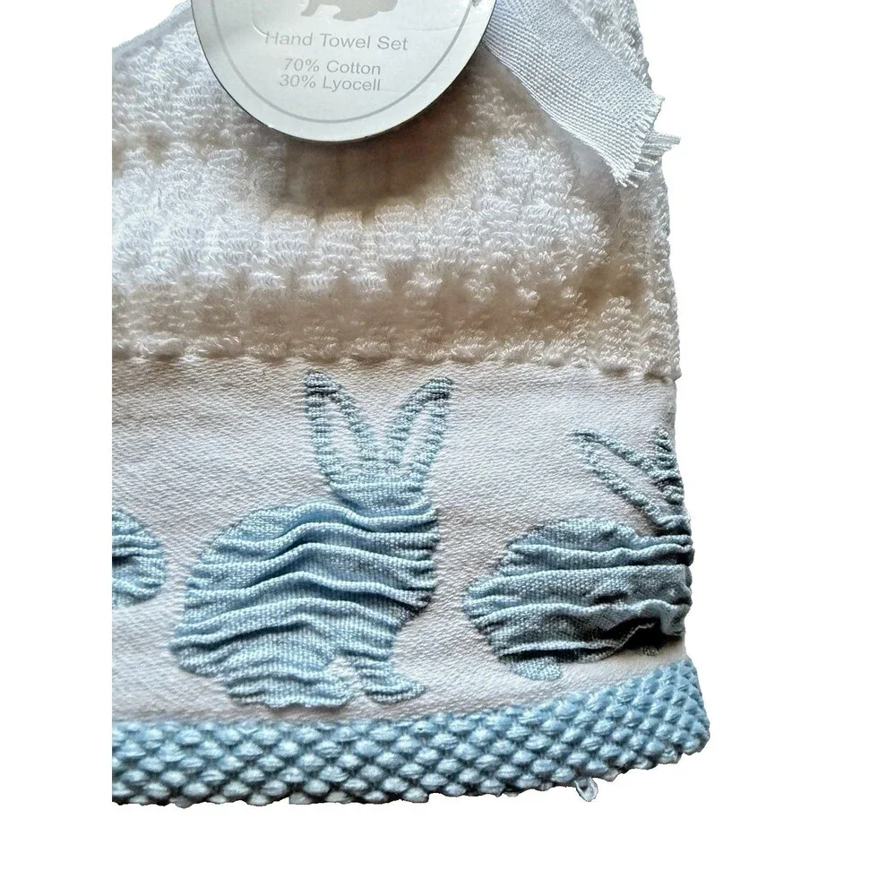 Casaba Hand Towels Easter Baby Appliqued Embroidered White Blue Bunnies Set of 2